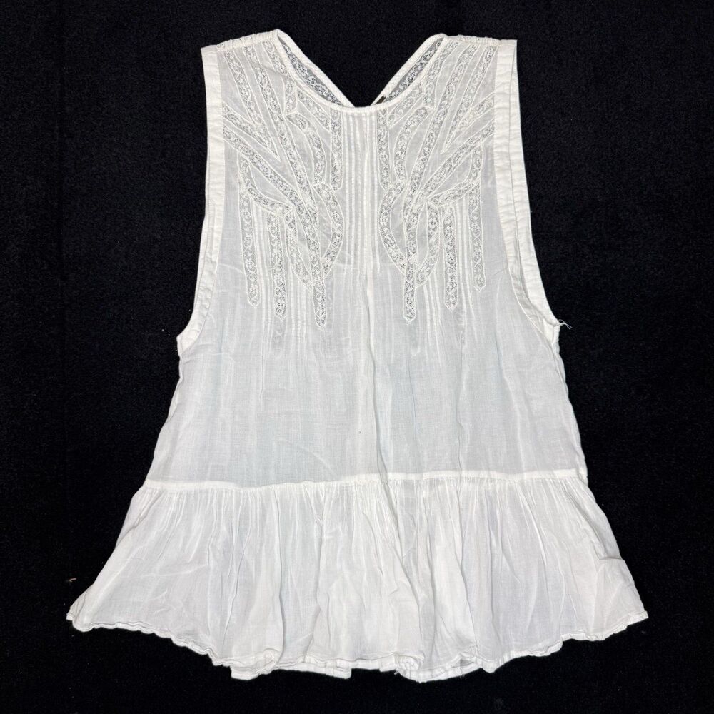 Free People White Lace Pintuck Tunic Top Sleeveless Ruffle Hem Boho No Size